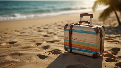 Summer vacation travel trip Suitcase bag planned concepts background, Holiday event theme around bag, beautiful nature sand, sunlight, ocean water in background, sand - obrazy, fototapety, plakaty
