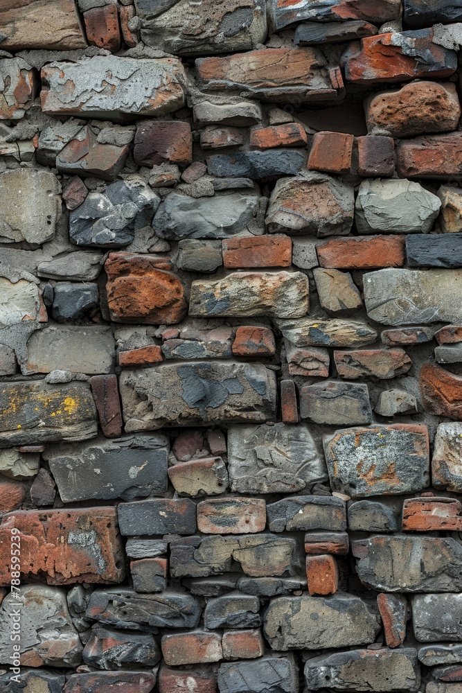 Poster a close-up view of a brick wall with a variety of vibrant colors. ideal for backgrounds or architect