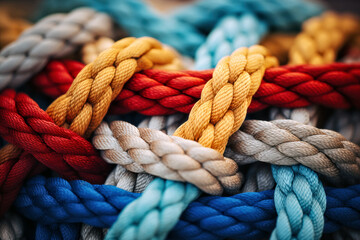 Close up of colorful rope background. Selective focus. Toned.