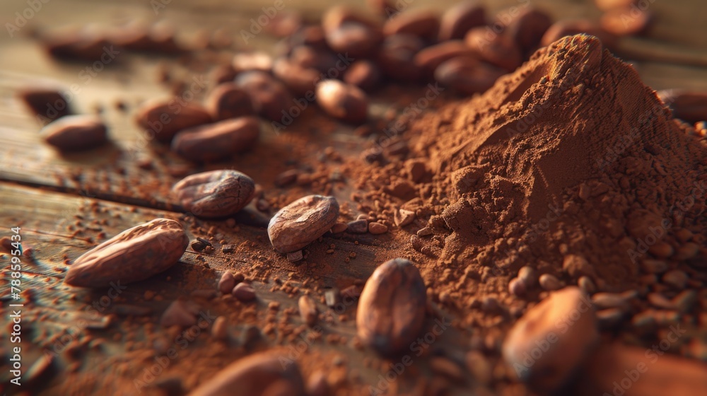 Poster Fresh cocoa beans on rustic wooden surface. Suitable for food and agriculture concepts