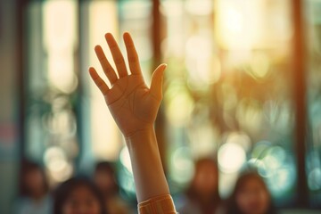 Raised hand in a sunlit classroom asking - obrazy, fototapety, plakaty