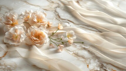 A sophisticated marble surface in soft ivory, interlaced with delicate gold veins and overlaid with creamy silk ribbons. 
