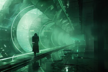 Capture a haunting dystopian scene in a digital artwork with a focus on eye-level perspective Integrate unexpected camera angles to intensify the viewers experience of the dark, futuristic world