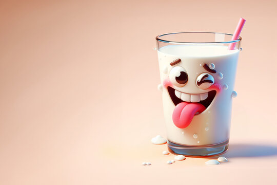Whimsical image of glass of milk with funny face, grimace, showing pink tongue. Cartoon face adds playful, lively touch.