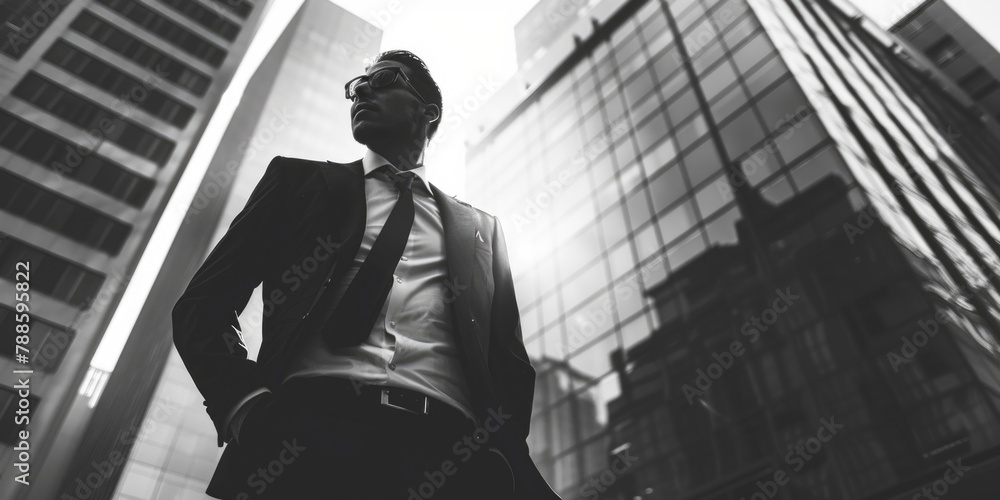 Aufkleber a man in a suit and tie standing in front of tall buildings. suitable for business and corporate con