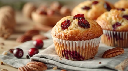 Delicious muffin with cranberries and pecans, perfect for bakery or food concept