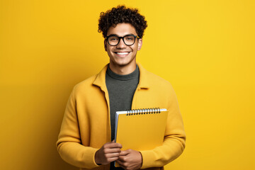 smiling african american man in eyeglasses holding notebook and looking at camera on yellow background