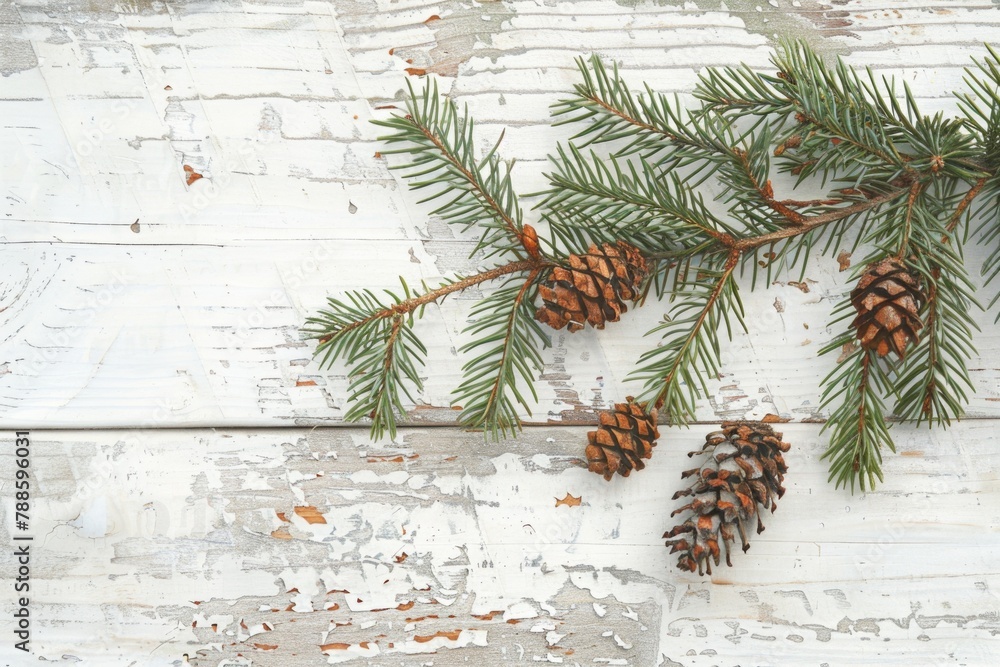 Poster a close-up shot of a pine tree branch with cones. suitable for nature and outdoor themes