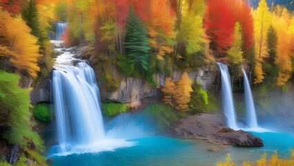 Autumnal Waterfall Scenery with Lush Forest in Vibrant Fall Colors.