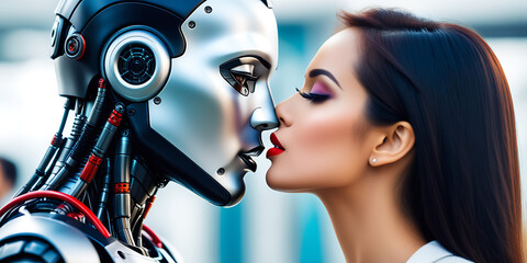 robotic man kissing beautyfull woman, blur background,  - obrazy, fototapety, plakaty