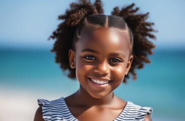 portrait black little girl, joyful childs beaming smile, playful hair puffballs, portrait of happiness, childrens apparel and lifestyle concept