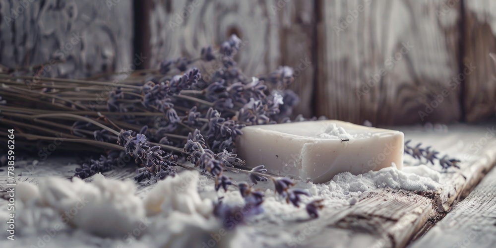 Poster A simple soap bar placed on a rustic wooden table. Perfect for hygiene and cleanliness concepts