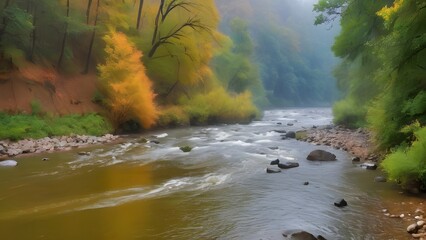  Peaceful Stream in Fall Season Forest with Foggy Ambience and Rocks.