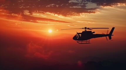 A helicopter flying in the sky at sunset, suitable for transportation concepts