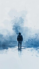 Obraz premium A lone figure in a vast sea of baby blue and white symbolizes loss in a simple, abstract digital artwork. The empty space reflects unspoken tragedies.