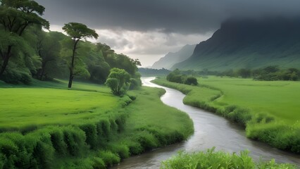 Serene River Landscape with Lush Greenery Under Stormy Skies.