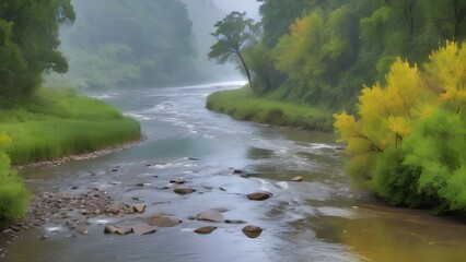  Serene River Flowing Through Autumn Forest with Misty Atmosphere