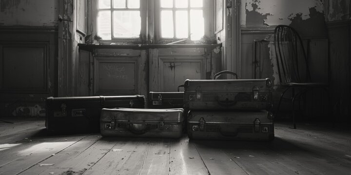 A monochrome image of multiple suitcases, perfect for travel concepts