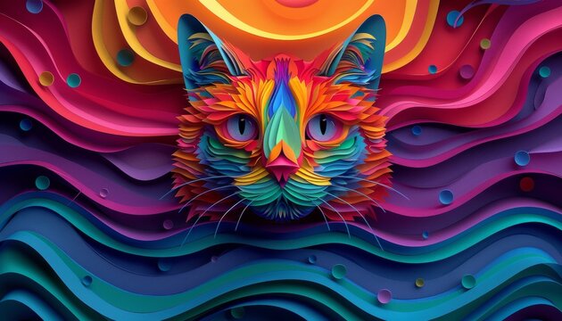 A paper cut out of a slacker kitty sits in front of a vibrant abstract background featuring neon green, radiant pink, profound blue, and purple colors.