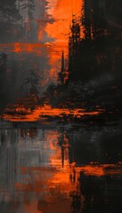 An abstract digital painting in black and orange, showcasing a tragic struggle between old and new. Minimalism and negative space evoke a world of contrasts and emergence. - obrazy, fototapety, plakaty
