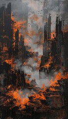 A haunting dystopian city in October, shrouded in darkness with mist and sand intertwining. The landscape is painted in orange and black hues reminiscent of a Renaissance oil painting. - obrazy, fototapety, plakaty