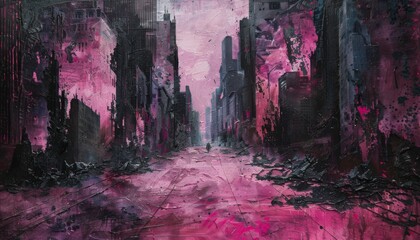 Fototapeta premium A post-apocalyptic city enveloped in darkness, with vibrant raspberry pink hues blending with gray and clay, captured in the style of a Renaissance oil painting.