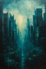 An eerie Graystone city emerges from darkness; teal and emerald hues peek through, as if a Renaissance oil painting brought a futuristic dystopia to life. - obrazy, fototapety, plakaty