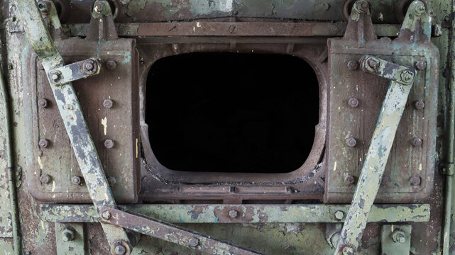 An open firebox from the boiler of an old steam locomotive.