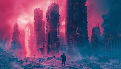 A dystopian cityscape, illuminated in pink and navy blue, symbolizing the stark contrast between despair and hope in a post-apocalyptic world. - obrazy, fototapety, plakaty