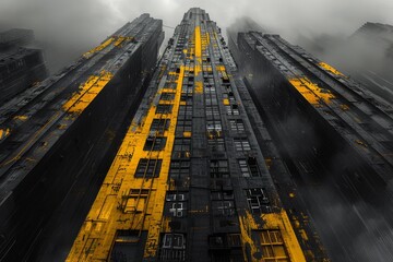 A dystopian city on the brink of apocalypse, cloaked in darkness with black skyscrapers piercing the sky, illuminated by rebellious streaks of blazing yellow light.