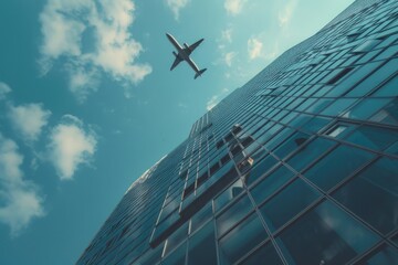A plane flying over a tall building. Suitable for travel and transportation concepts