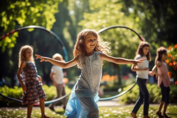 Joyful children twirling a hula hoop in the park