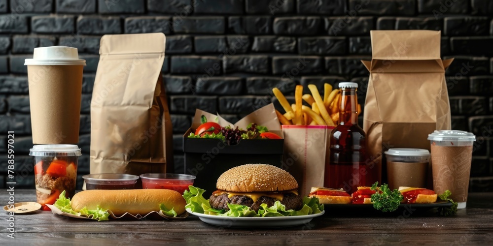 Poster Assorted food items displayed on a table, suitable for various culinary themes