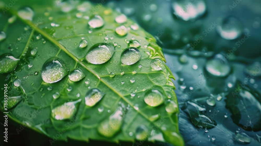 Poster close-up of a green leaf covered in water droplets. perfect for nature and environment concepts