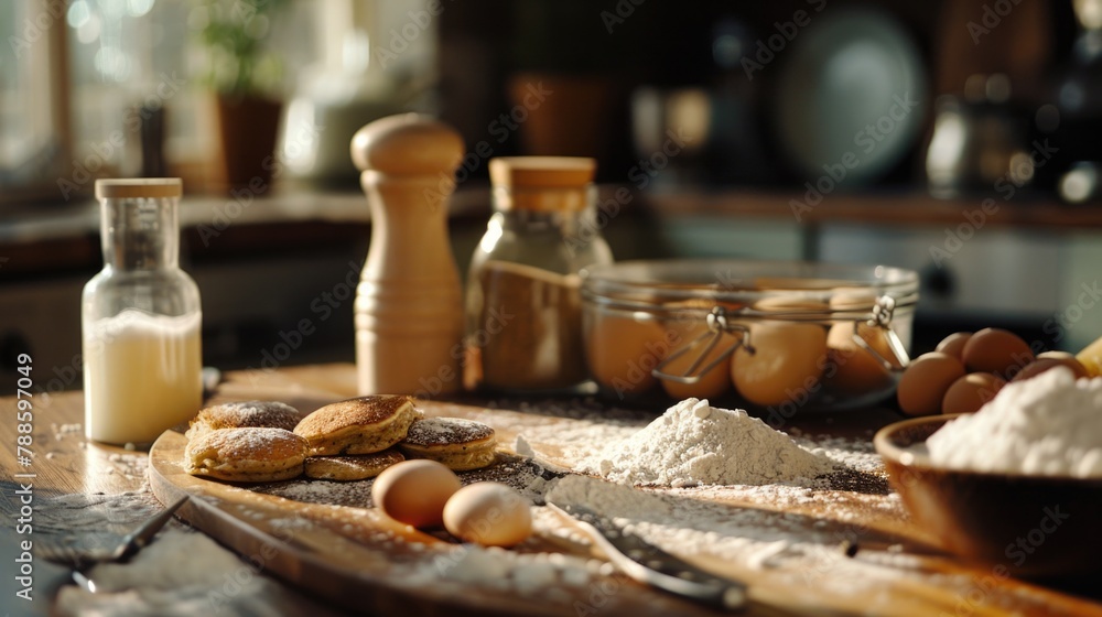 Poster assorted food items on a wooden cutting board, versatile for multiple uses