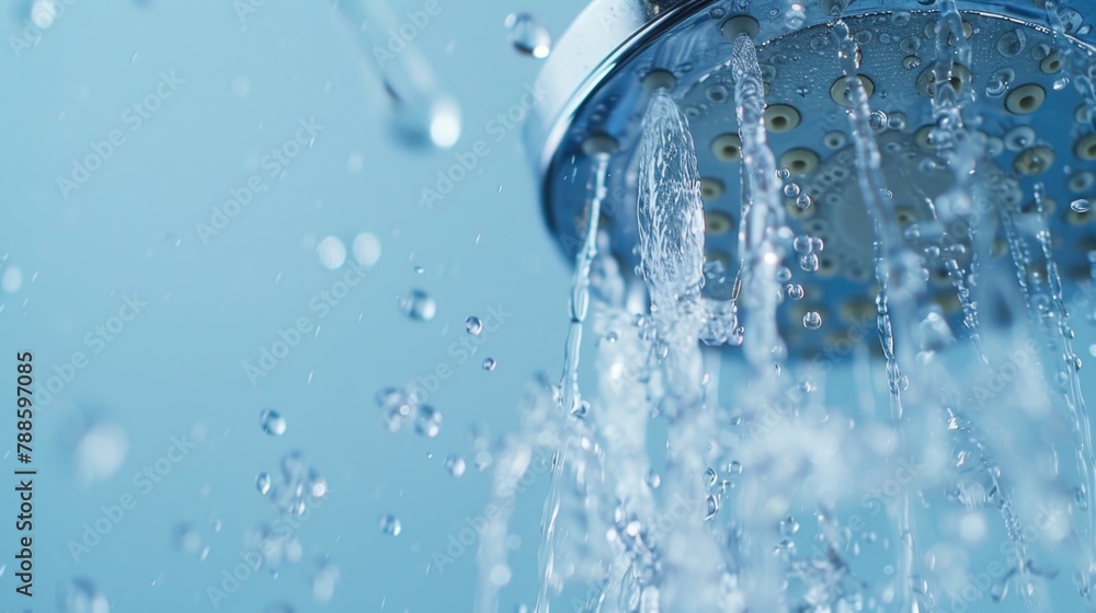 Poster Close up of a shower head with water flowing out. Ideal for illustrating concepts related to hygiene and water usage