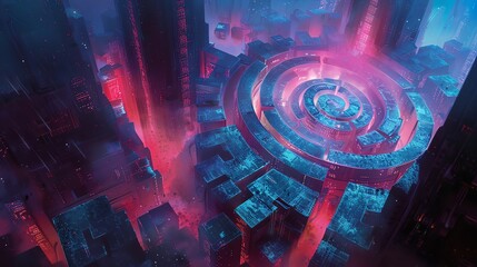Blend the essence of psychedelic art into a digital rendering of a mind-bending labyrinth, fusing futuristic technologies with surreal psychological concepts, captured from a unique top-down aerial an