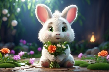 Cute Bunny with a Bouquet of Flowers