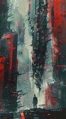 Blend dystopian elements seamlessly with abstract art in a panoramic view that surprises with unexpected camera angles, evoking a sense of unease