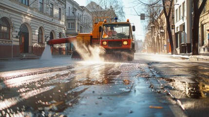 A truck driving down a city street, perfect for transportation concepts