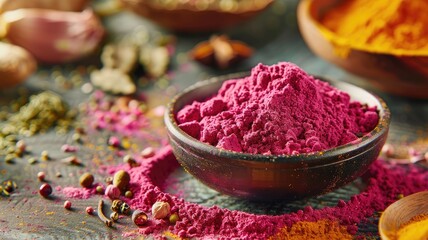 colorful ground Persian pink turmeric powder in a small bowl, set against a crisp white background alongside an array of dried colored food ingredients, inviting culinary creativity.