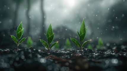 A row of vibrant green leaves stands resilient under a gentle rainfall, symbolizing growth and renewal on a wet surface.

