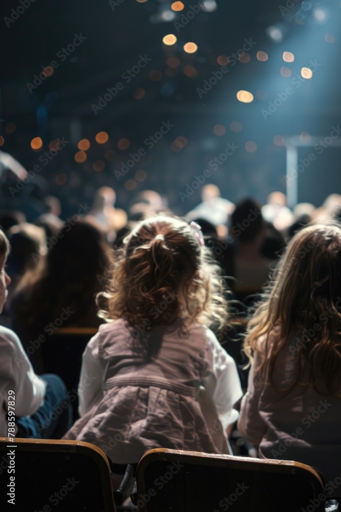 Poster Group of people sitting in chairs in front of a stage. Suitable for event and performance concepts