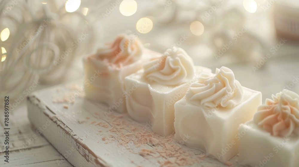 Poster close up shot of soap bars on a table, suitable for hygiene concepts