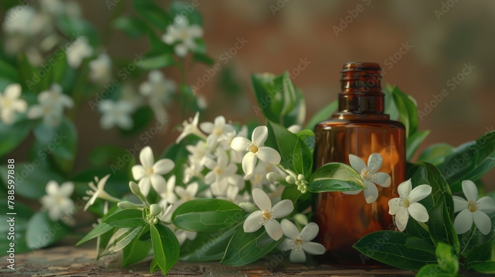 Poster a bottle of essential oil next to a bunch of white flowers. perfect for aromatherapy and spa concept