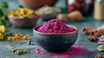 Obraz na płótnie Canvas colorful ground Persian pink turmeric powder in a small bowl, set against a crisp white background alongside an array of dried colored food ingredients, inviting culinary creativity.