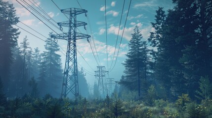 A forest filled with lots of trees and power lines. Can be used for environmental or energy-related concepts - obrazy, fototapety, plakaty