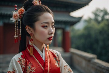 Fototapeta premium Beautiful Chinese Woman in Traditional Attire Poses for a Photo