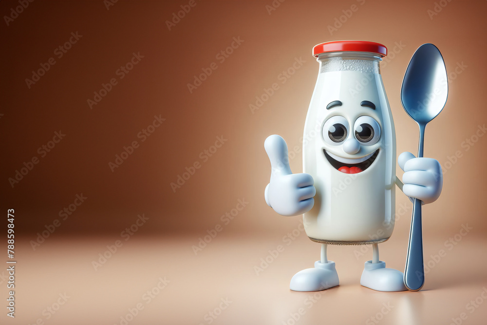 Wall mural A cheerful cartoon milk bottle with a spoon, close-up.