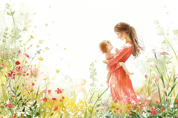 Photo Mother holding a child amidst blooming flowers and lush greenery, tender moment copy space